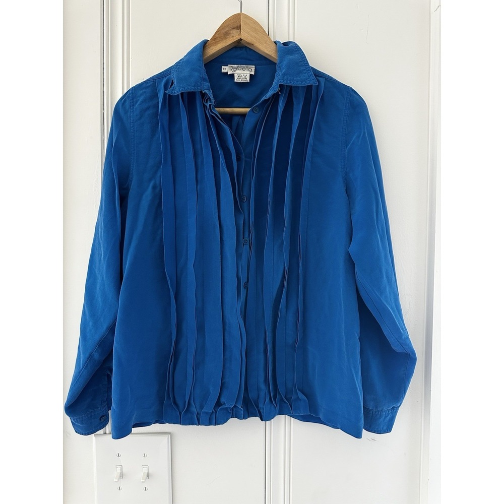 Vintage Rafaella 100% Silk 12‎ Blouse Cobalt Blue Pintuck Button Up Quiet Luxury